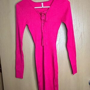 Vibrant Pink Lace-Up Ribbed Dress